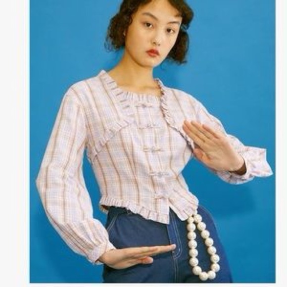 Kina and Tam Plaid & Prejudice Blouse Sz M Coquette Ruffle Romantic Regency Pink - Picture 4 of 16